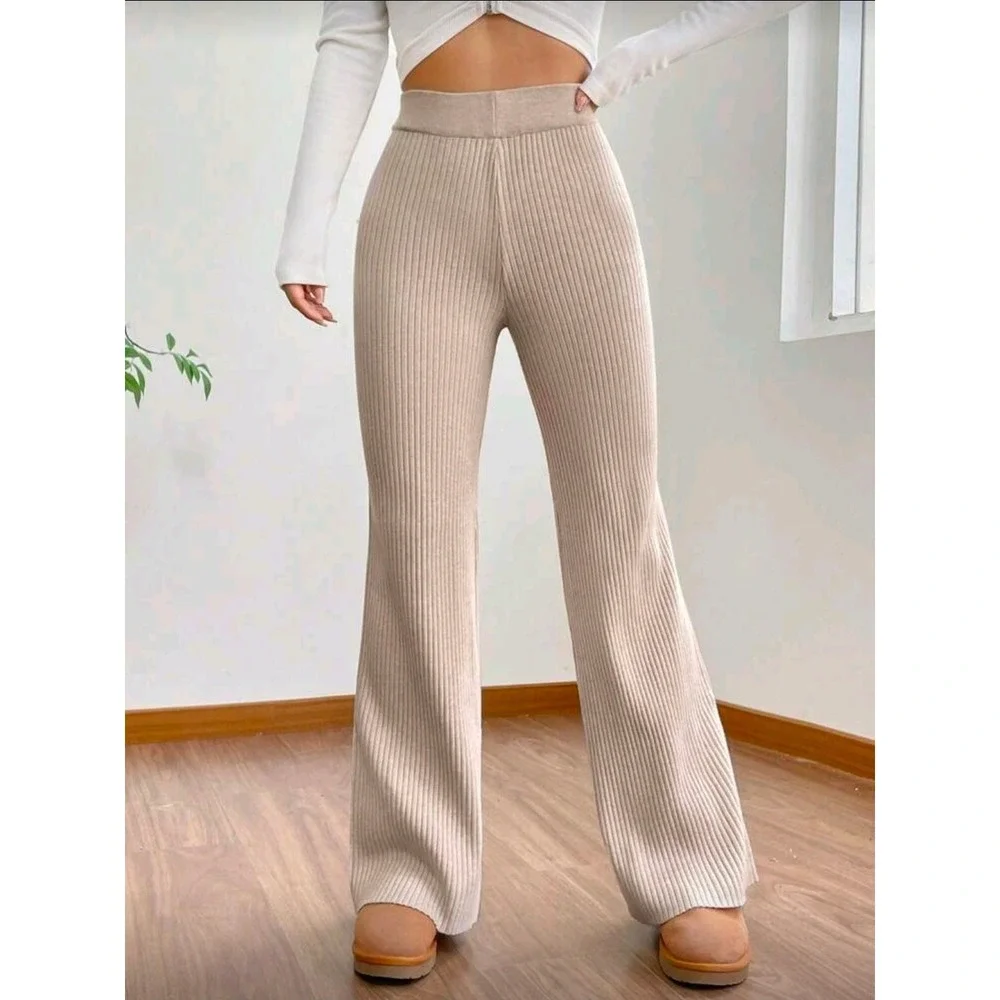 Womens Ribbed Knit Flare‎ Pants Beige High Waisted Wide Leg Casual Lounge